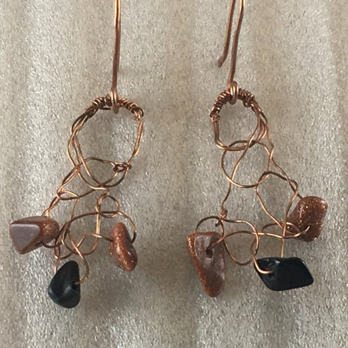 Crocheted copper wire earrings with goldstone and obsidian