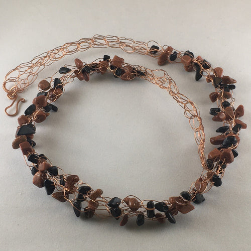 Crocheted copper wire necklace version with goldstone and obsidian