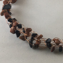 Load image into Gallery viewer, Crocheted copper wire necklace version with goldstone and obsidian